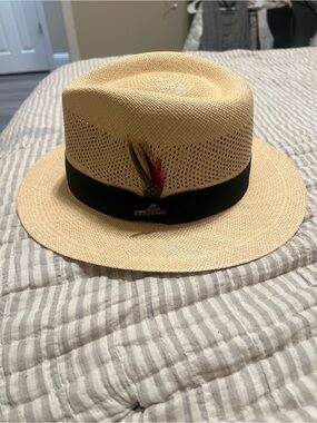 Straw Fedora Hat with Black Band and Feather
